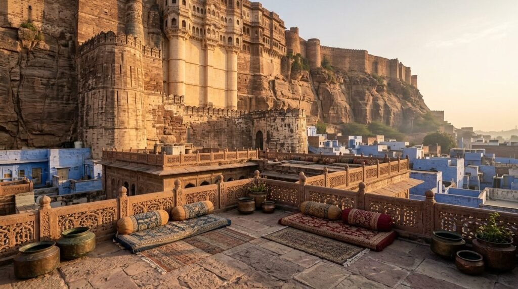 Heritage haveli rooftop with the fort looming close