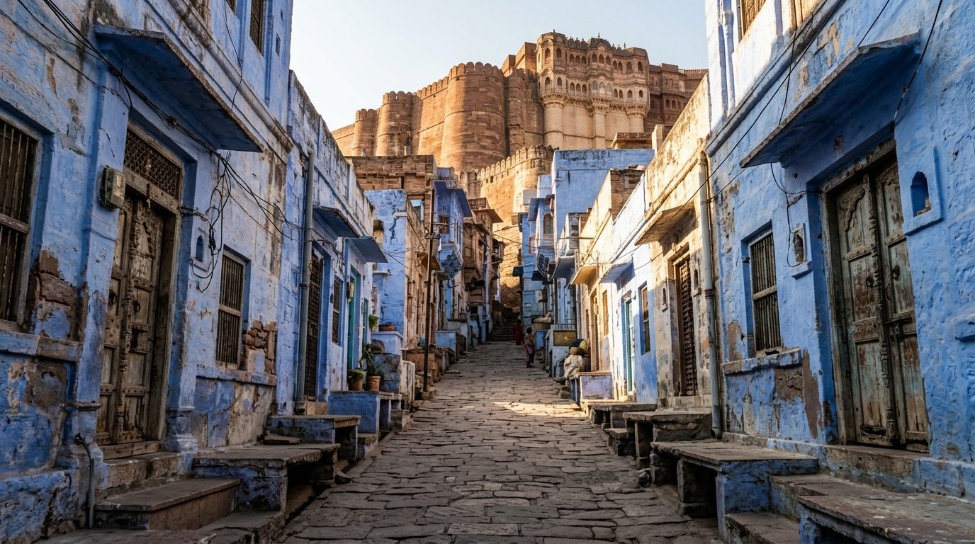Steep blue lane with the fort above, morning light, no identifiable faces