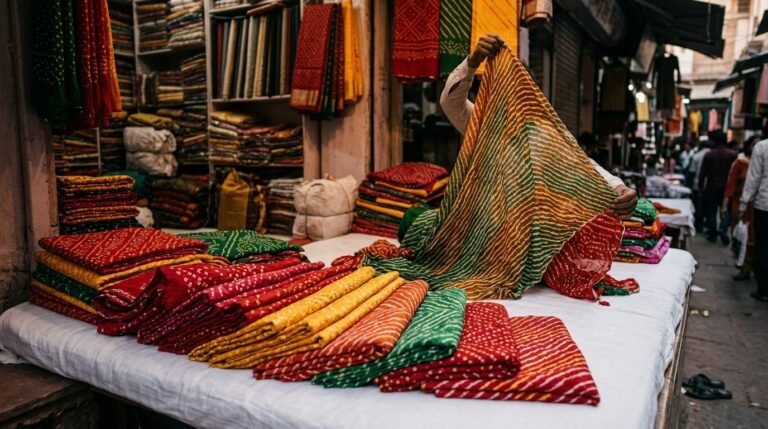 Bandhani and leheriya fabrics fanned open at a market stall