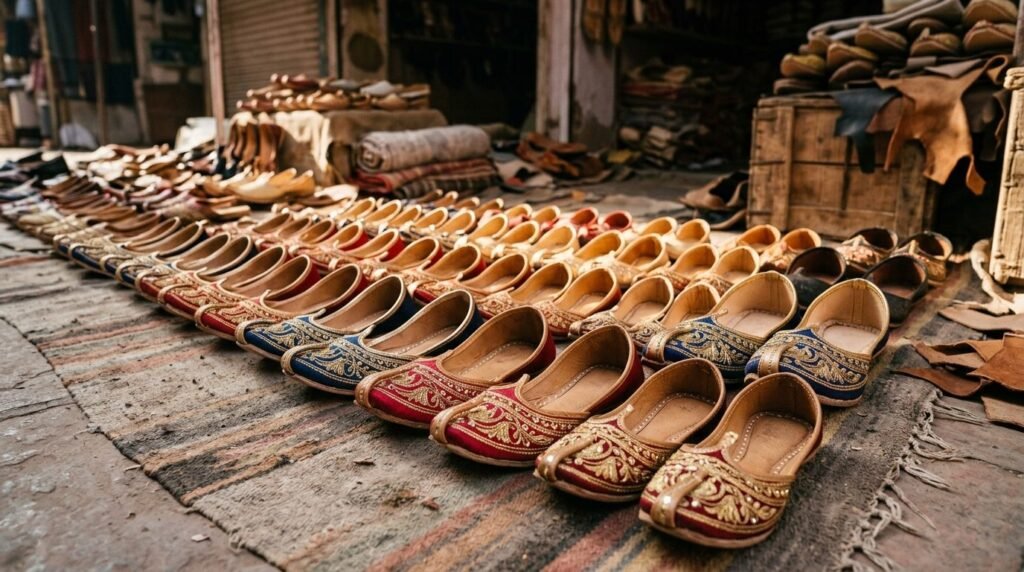 Rows of embroidered mojari slippers by size