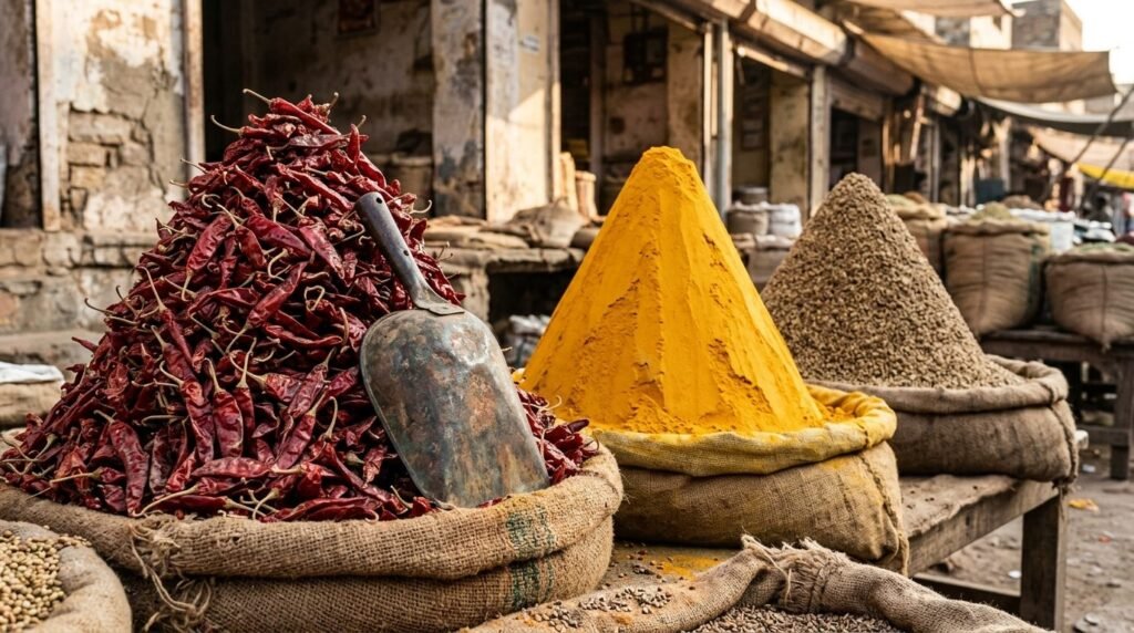 Pyramids of dried red chillies and spices at the market
