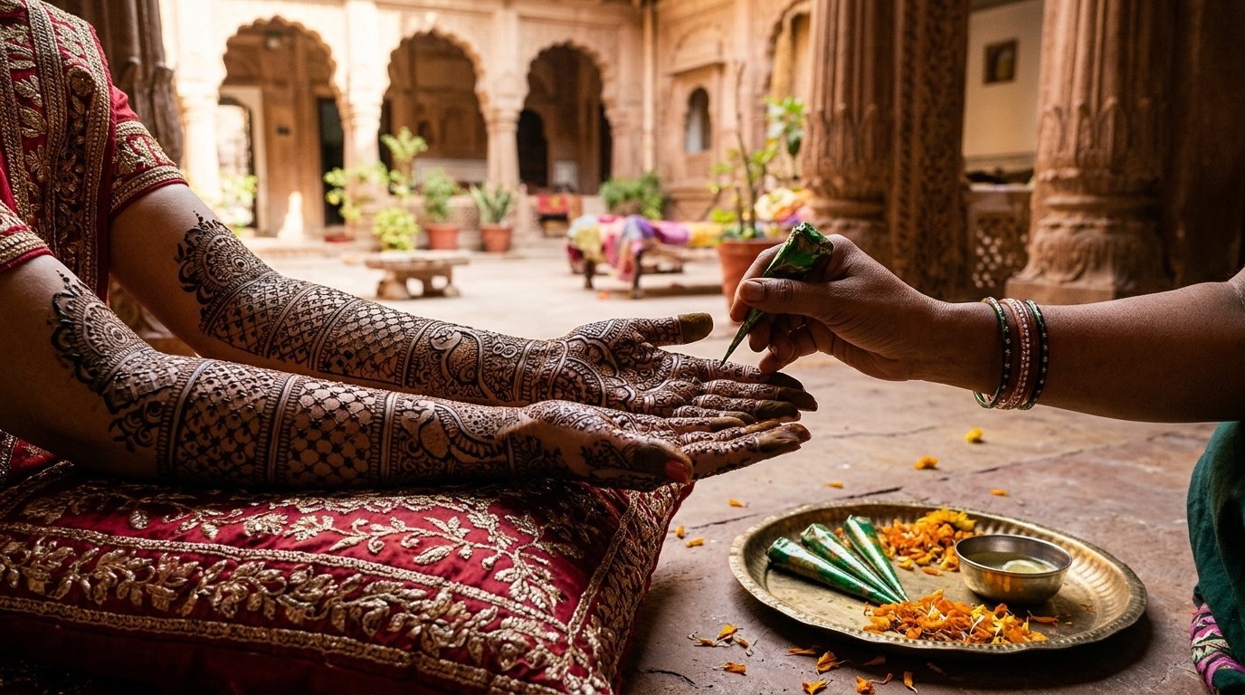 Bridal mehendi in progress, elaborate full-hand work, cones arrayed