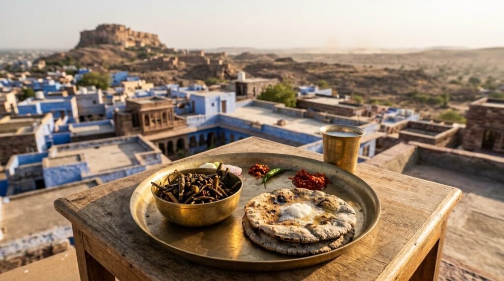 A bowl of desert-bean curry with bajra roti and chutney on a brass plate