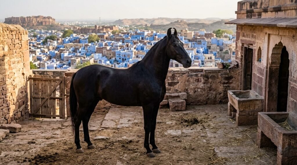 A black Marwari horse with distinctive inward-curving ears standing alert in a s