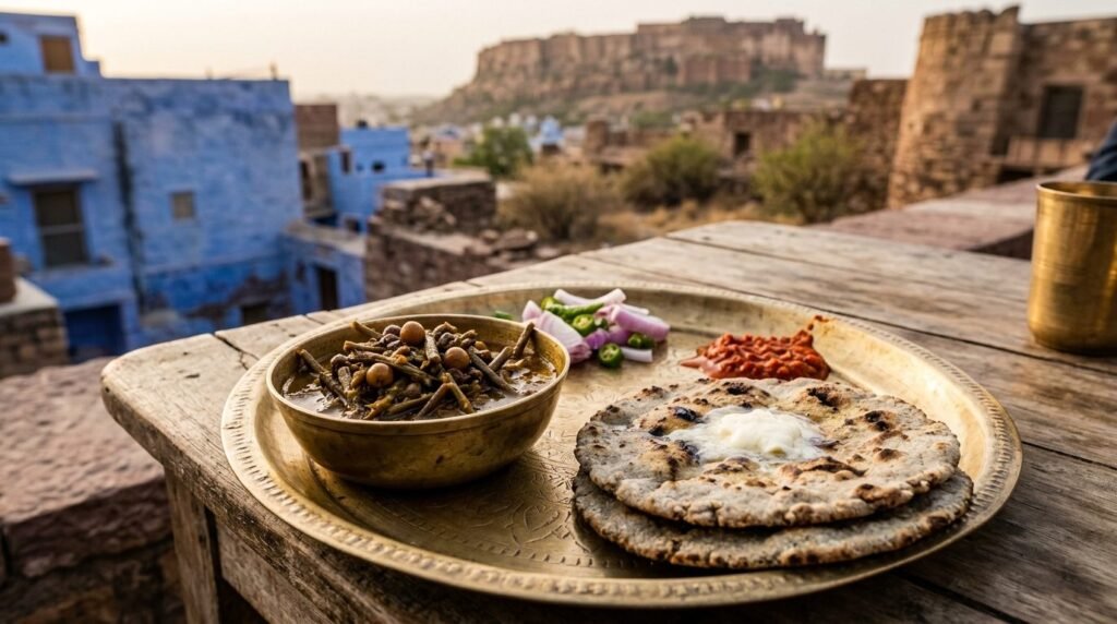 A bowl of desert-bean curry with bajra roti and chutney on a brass plate
