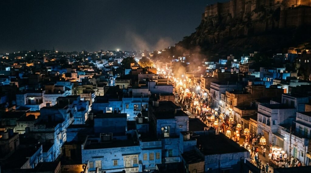 A wedding procession at night seen from a distance as warm blurred lights moving