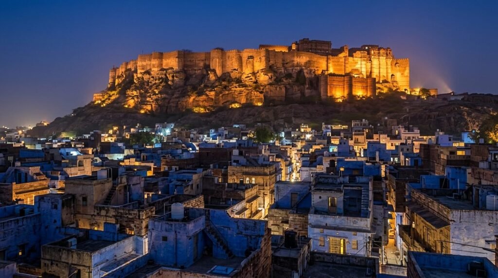 Floodlit fort seen from a rooftop in the blue hour