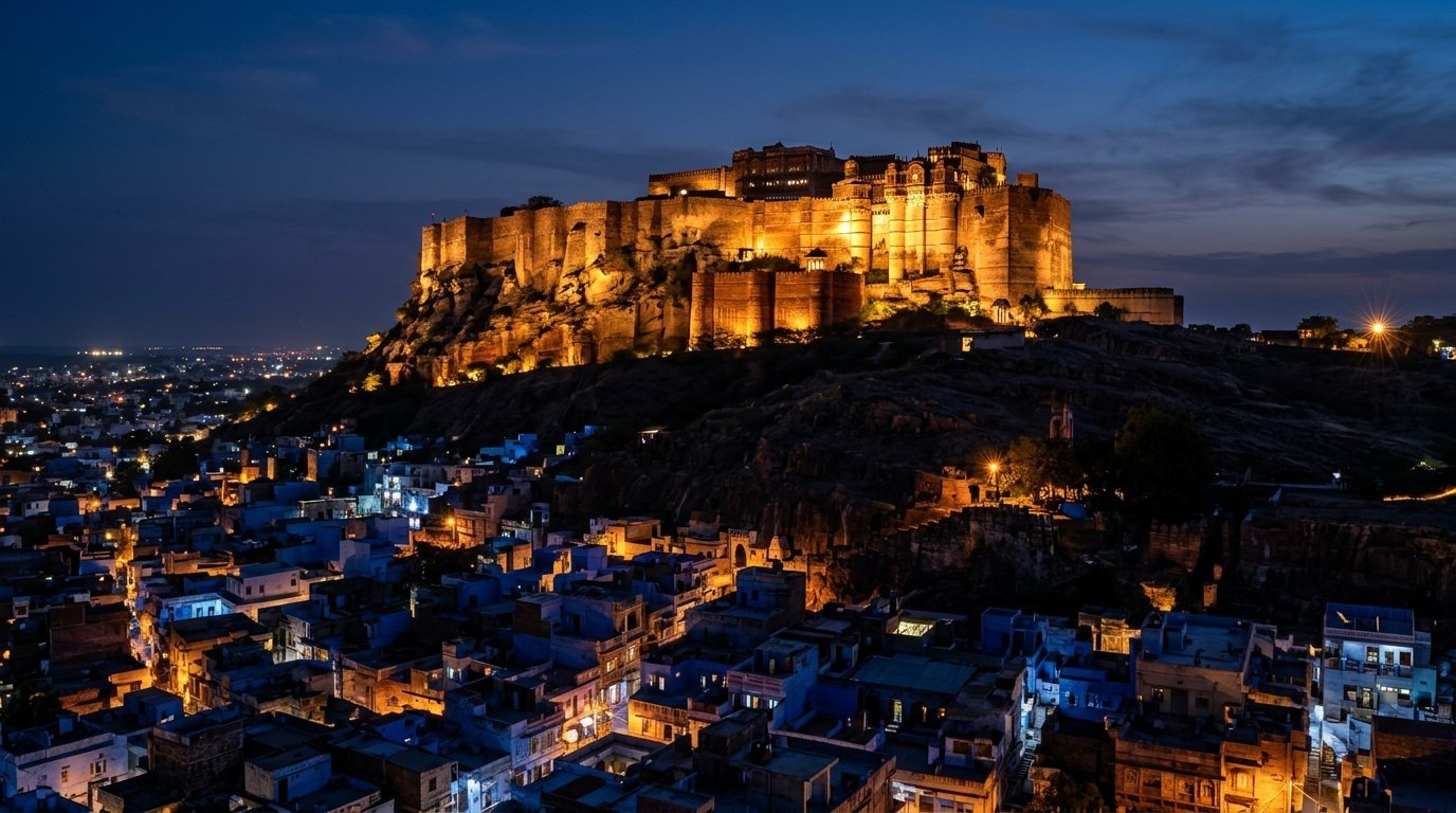 Floodlit Mehrangarh over the night city, long exposure