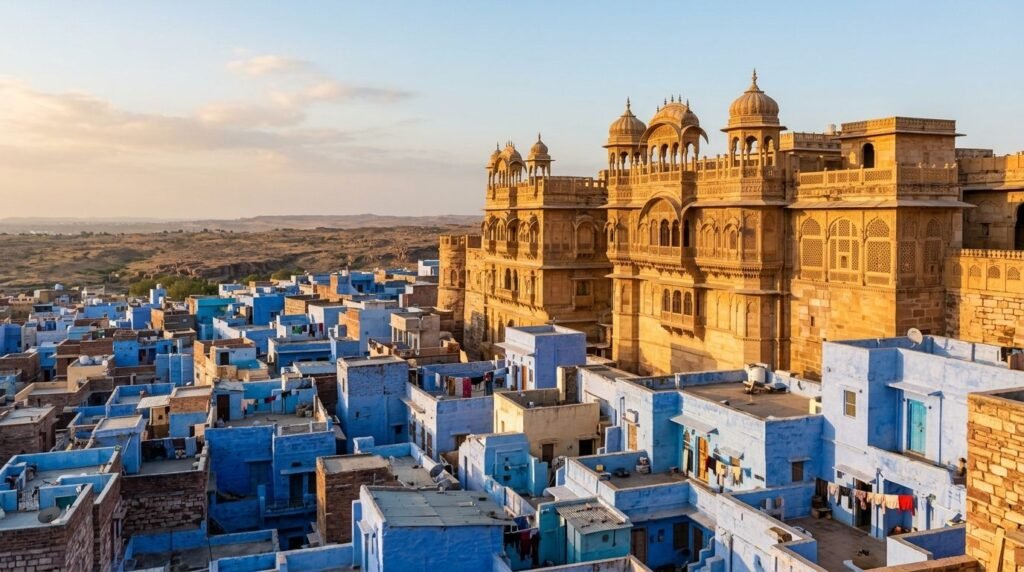 A striking heritage scene of warm sandstone architecture above a dense blue-wash