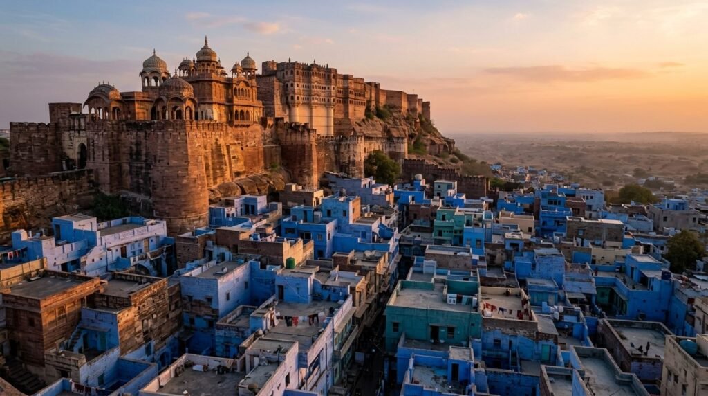 A striking heritage scene of warm sandstone architecture above a dense blue-wash