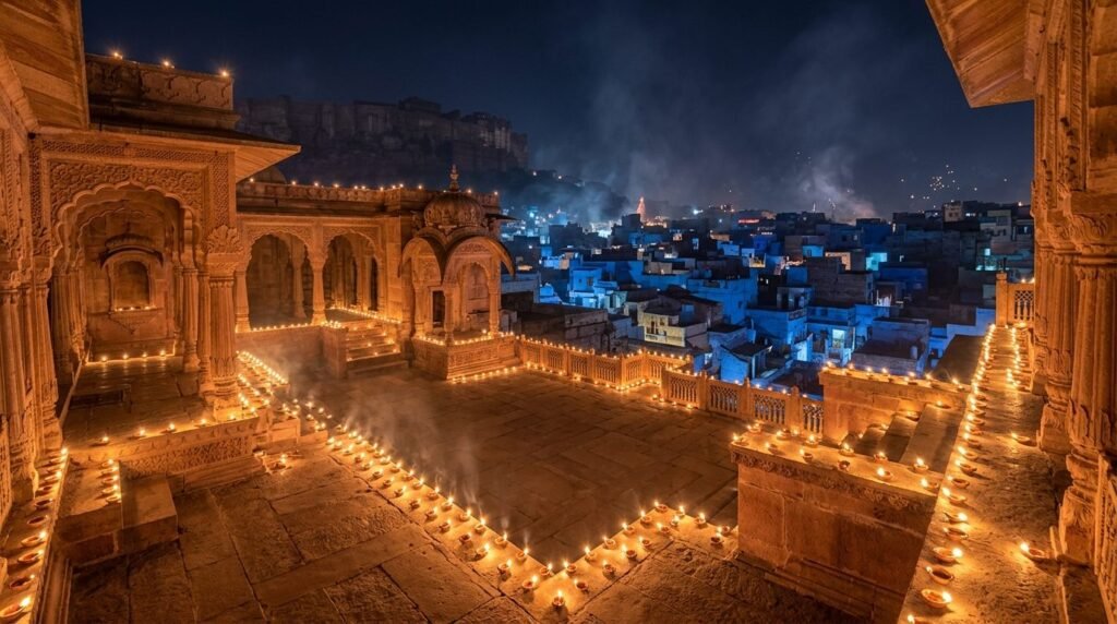 A temple courtyard on a festival night with hundreds of small oil lamps in rows