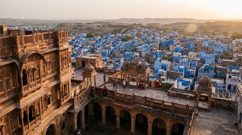 A striking heritage scene of warm sandstone architecture above a dense blue-wash
