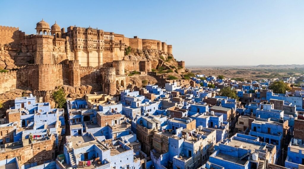 A striking heritage scene of warm sandstone architecture above a dense blue-wash