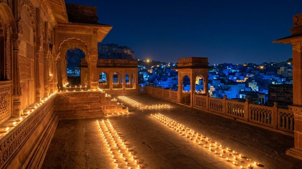 A temple courtyard on a festival night with hundreds of small oil lamps in rows