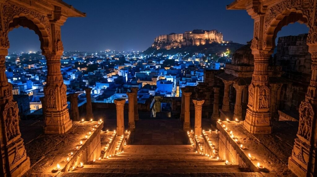 A temple courtyard on a festival night with hundreds of small oil lamps in rows