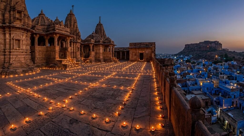 A temple courtyard on a festival night with hundreds of small oil lamps in rows