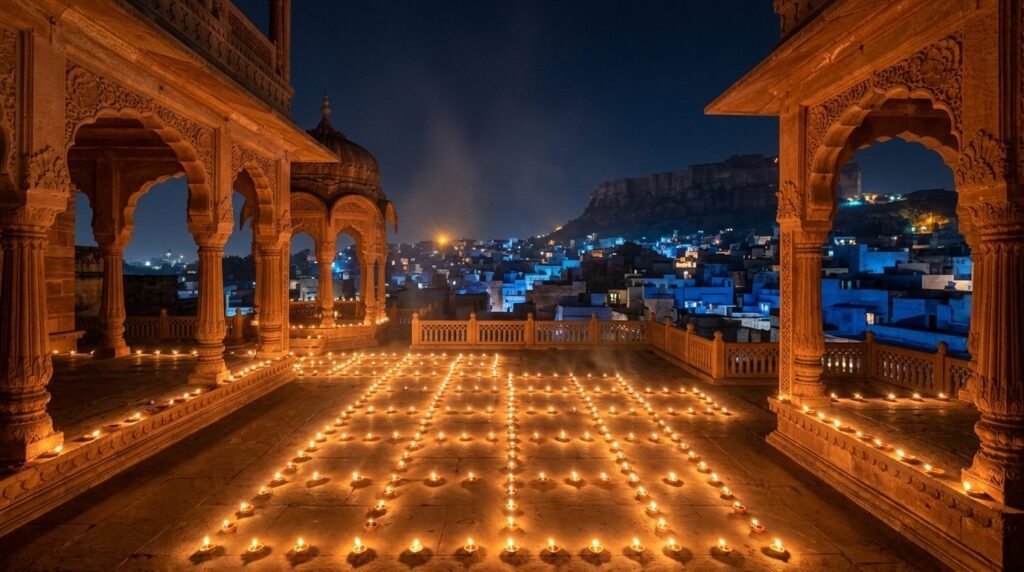A temple courtyard on a festival night with hundreds of small oil lamps in rows