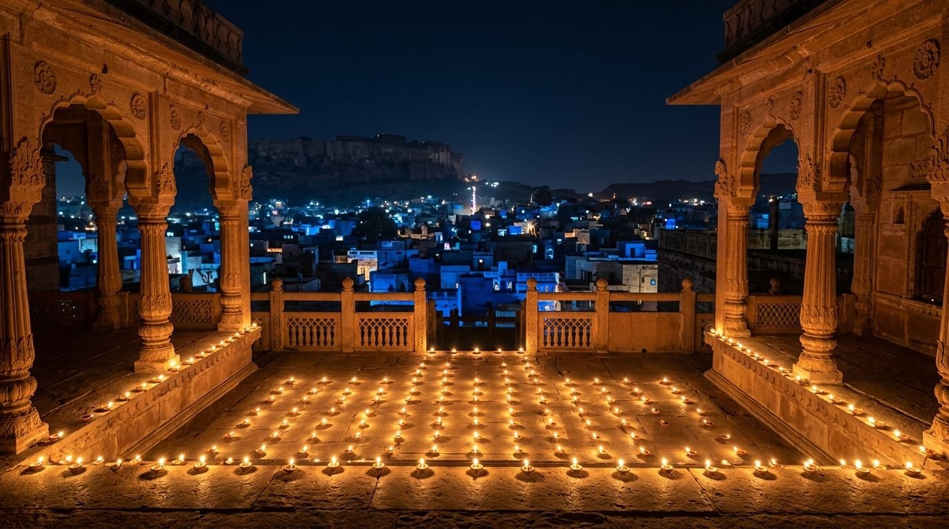 A temple courtyard on a festival night with hundreds of small oil lamps in rows