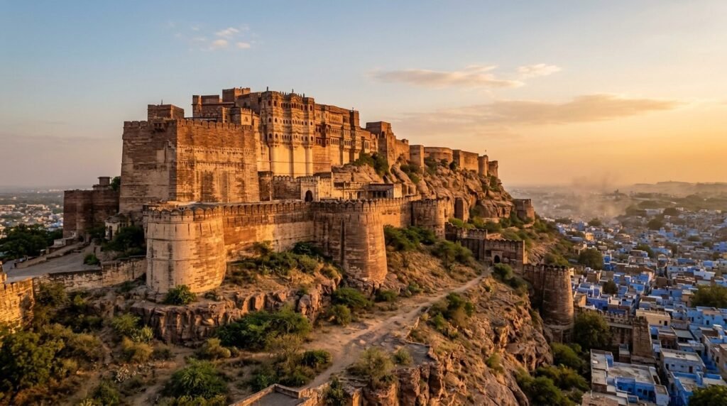 A massive hilltop fort with towering ramparts and bastions