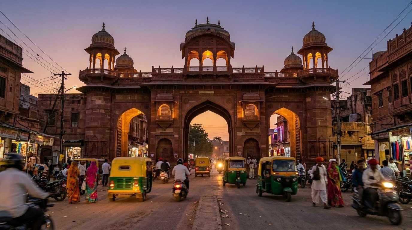 Sojati Gate’s arch with evening market traffic beneath