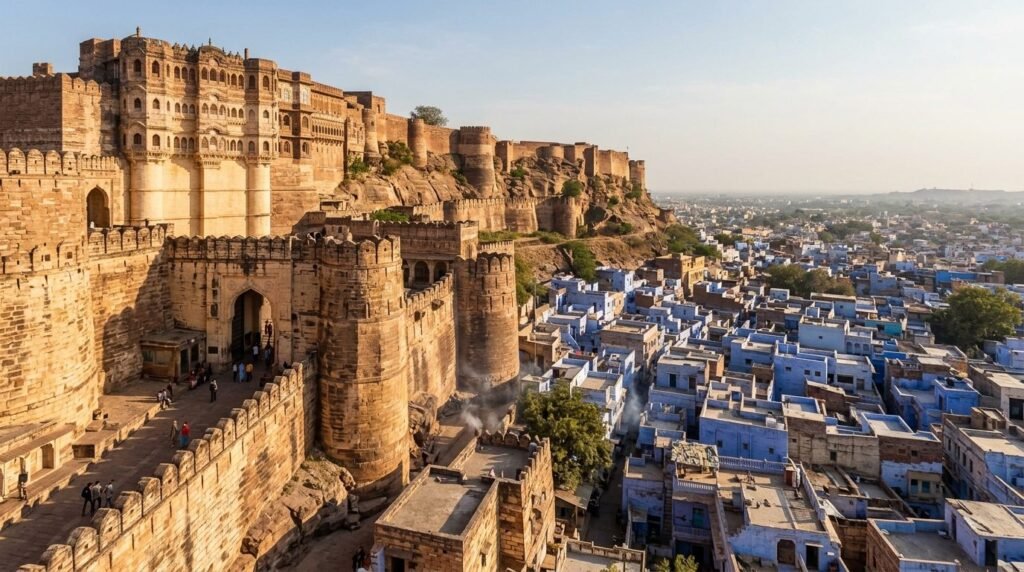 Massive fort ramparts and a great gateway with deep shadows and warm stone
