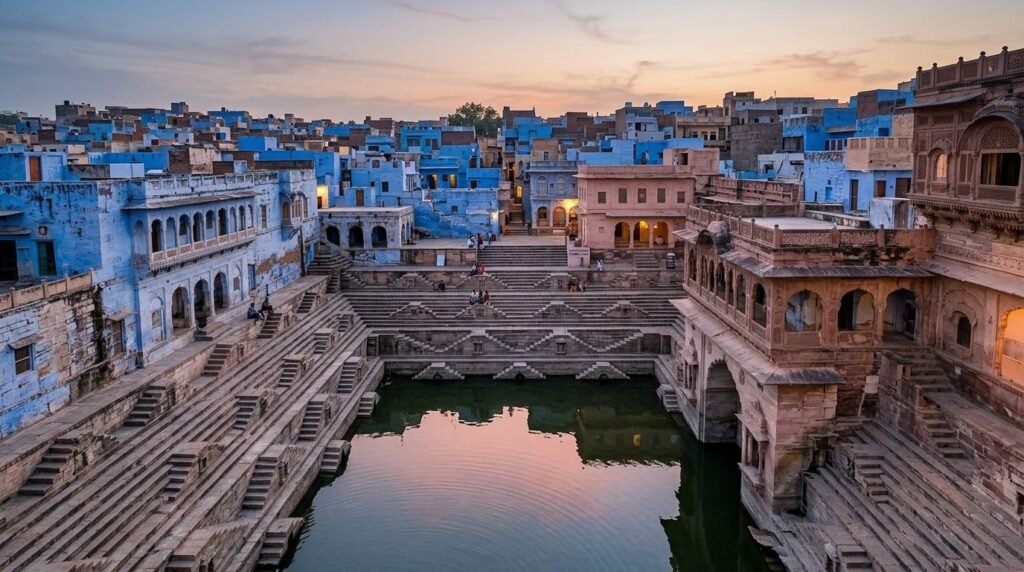 An old water tank mirroring pastel facades and carved balconies at dusk