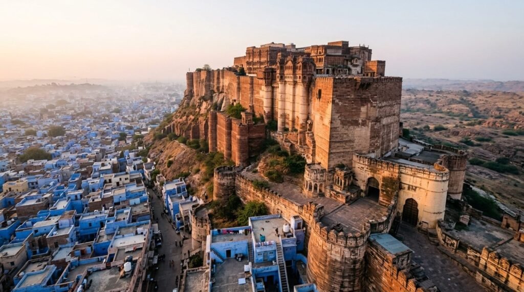 A massive hilltop fort with towering ramparts and bastions