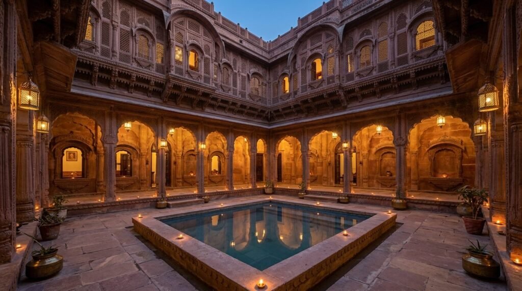 Carved sandstone haveli courtyard glowing at dusk