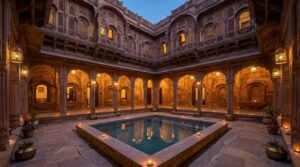 Carved sandstone haveli courtyard glowing at dusk