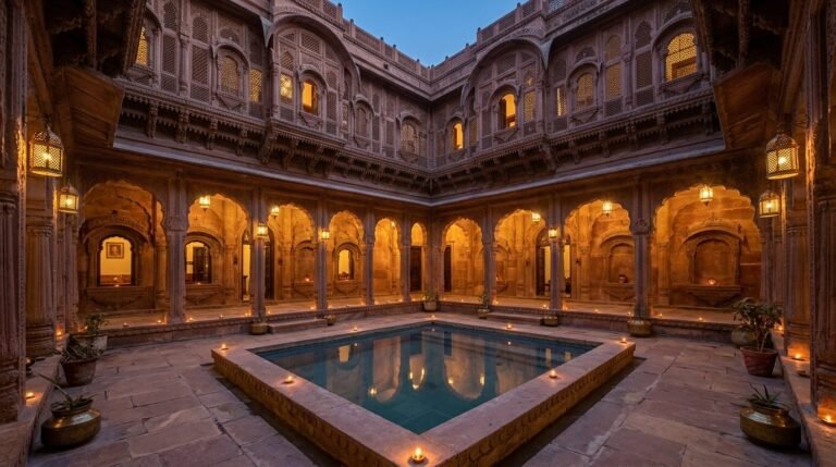 Carved sandstone haveli courtyard glowing at dusk