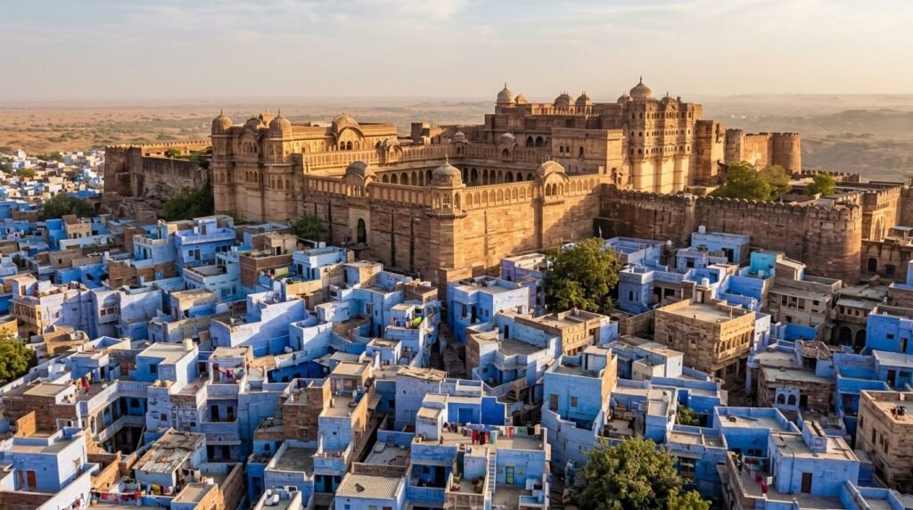A striking heritage scene of warm sandstone architecture above a dense blue-wash