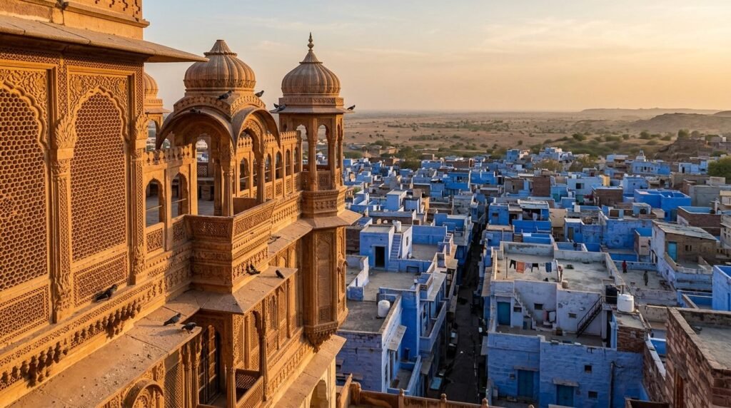 A striking heritage scene of warm sandstone architecture above a dense blue-wash