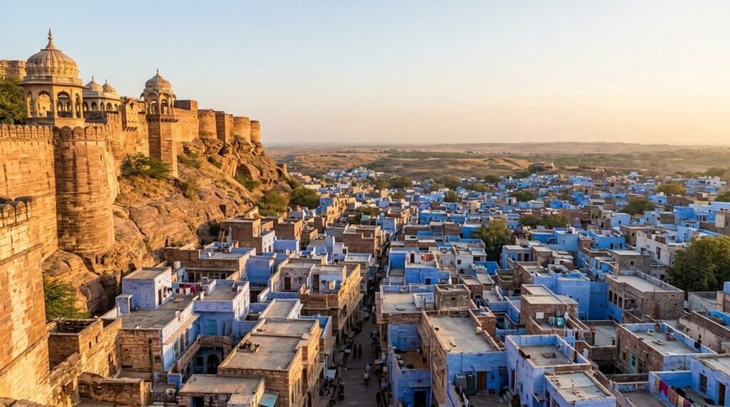 A striking heritage scene of warm sandstone architecture above a dense blue-wash