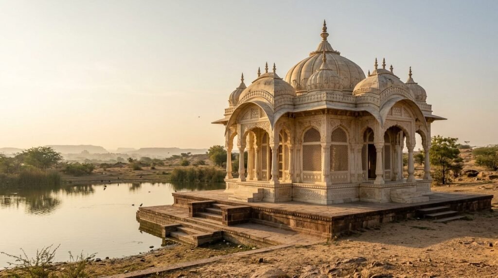 A white-marble cenotaph pavilion with carved screens by a small lake