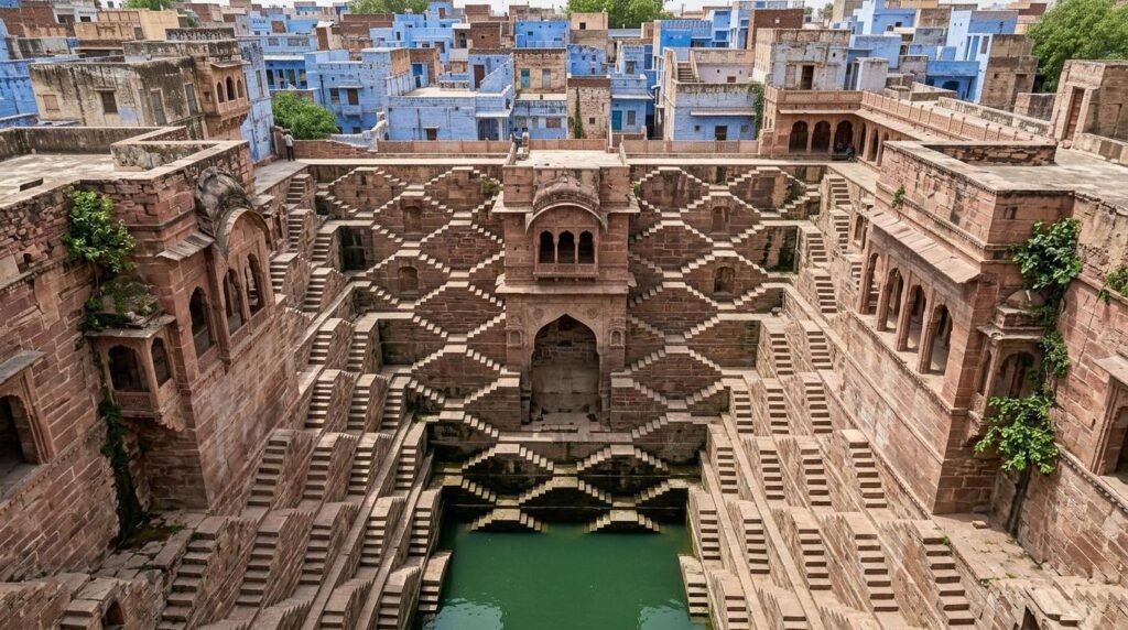 A deep stepwell with symmetrical triangular stone stairs descending to green wat