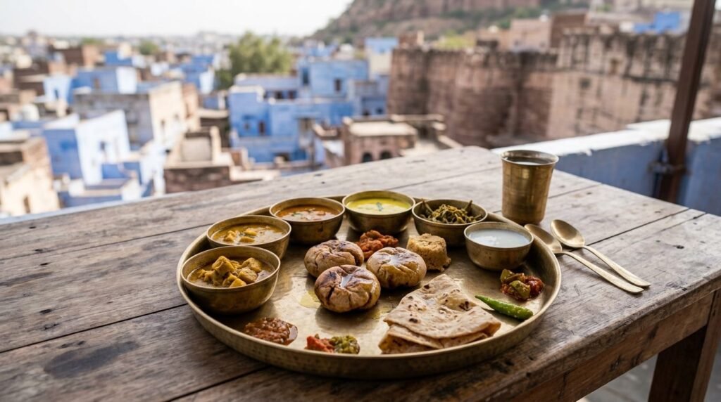 A full Rajasthani thali with many small bowls arranged on a round brass platter