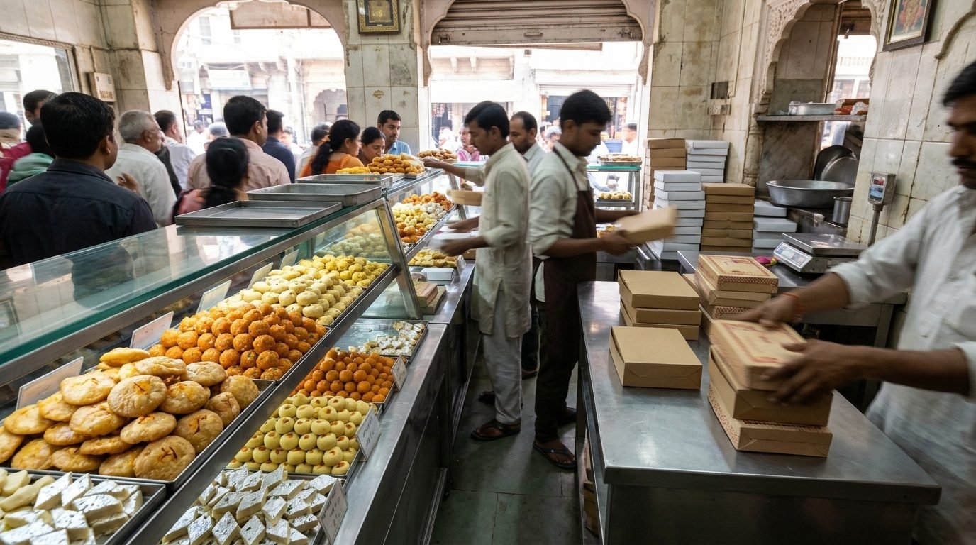 The mithai counter mid-morning rush, boxes stacking