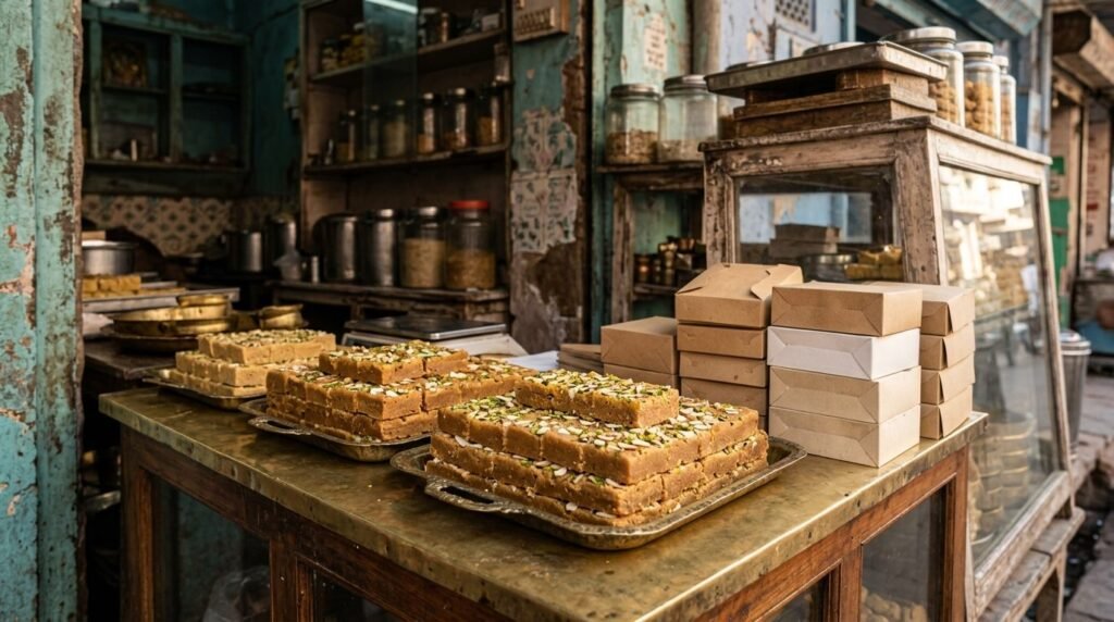 Dense golden sweet slabs being cut and boxed at a counter with glass jars behind