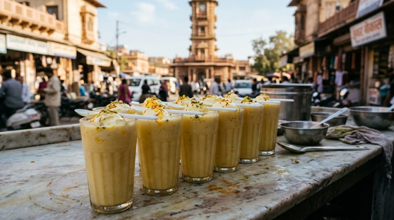 Lassi glasses lined at the counter, rabri caps gleaming