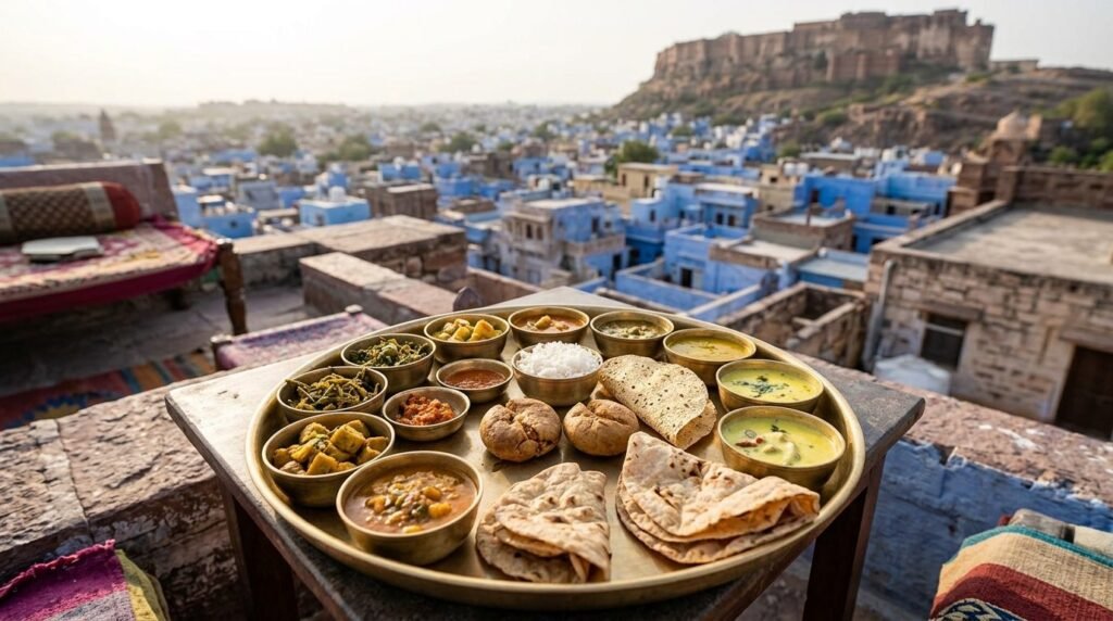 A full Rajasthani thali with many small bowls arranged on a round brass platter
