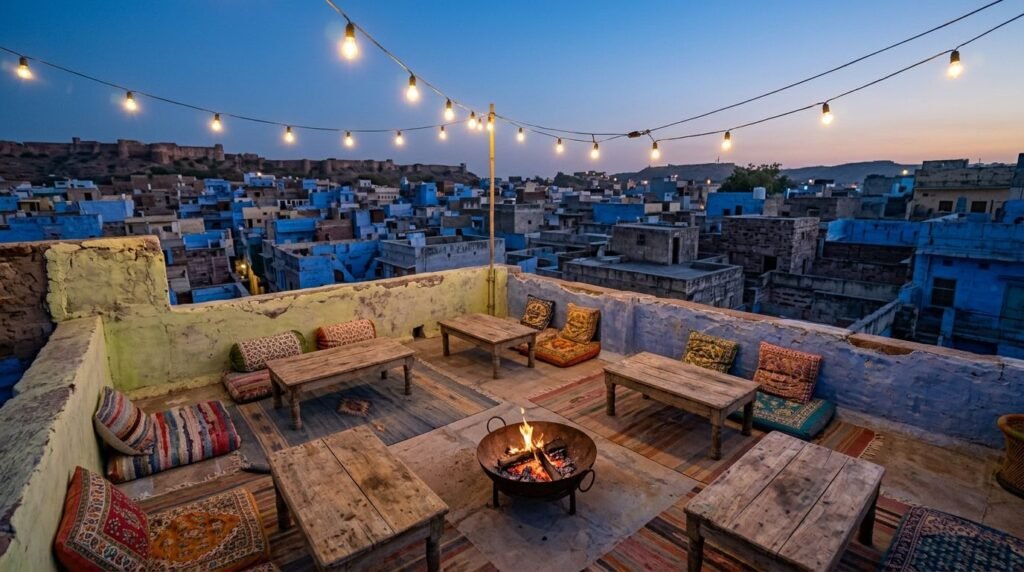 Hostel rooftop common area with string lights at dusk