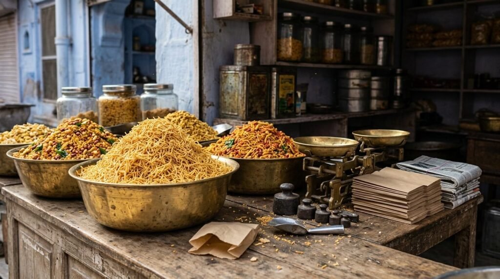 Piles of yellow bhujia and colourful spiced namkeen being weighed into paper pac