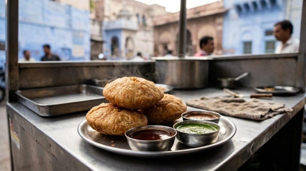 Golden fried kachoris stacked on a steel plate with red chutney and steam rising