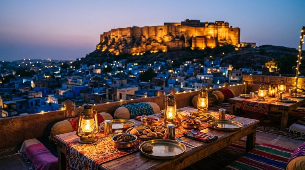 a fort silhouette in the background