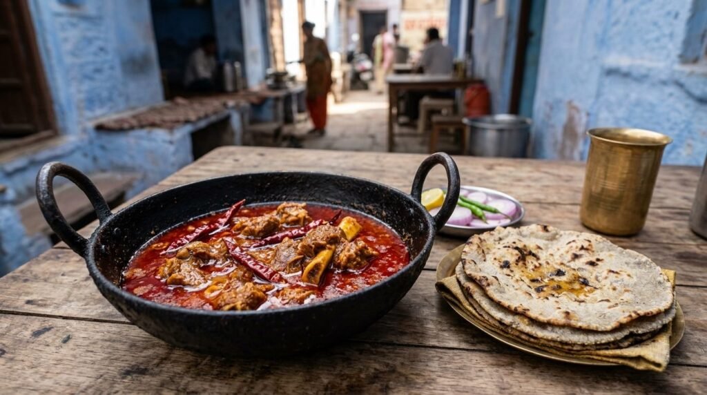 Fiery red mutton curry glistening with chilli oil in a black iron kadhai with ro
