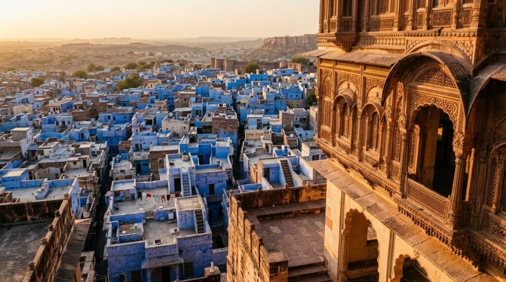 A striking heritage scene of warm sandstone architecture above a dense blue-wash