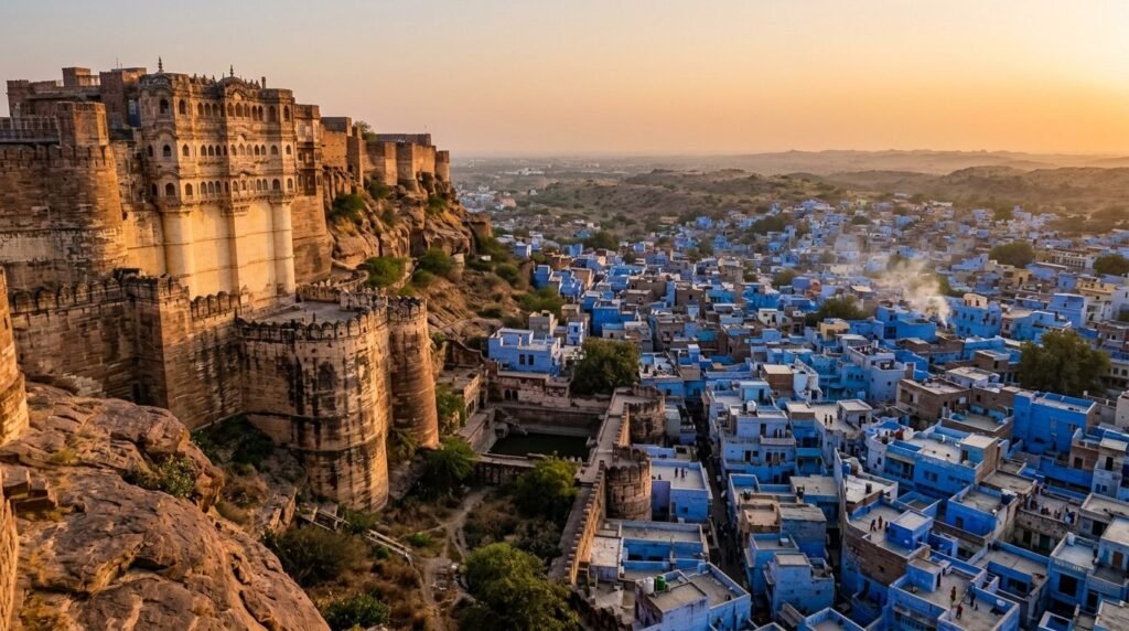 A striking heritage scene of warm sandstone architecture above a dense blue-wash