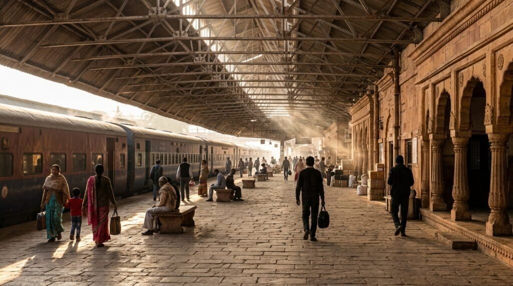 porters and chai vendors, steel trusses above