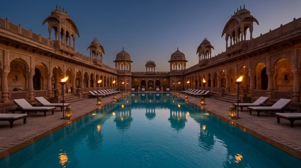 Palace-hotel pool courtyard at dusk