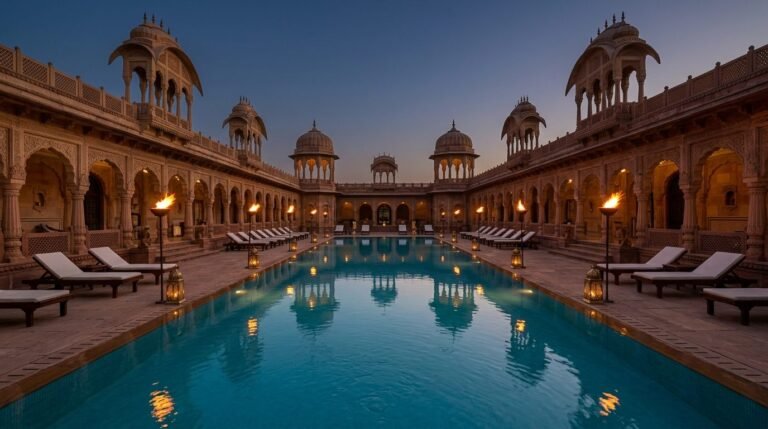 Palace-hotel pool courtyard at dusk